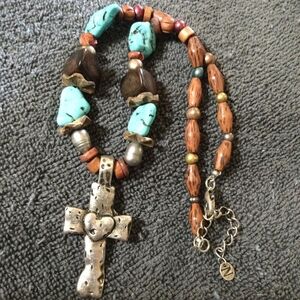Silver and Turquoise Beaded Cross Necklace